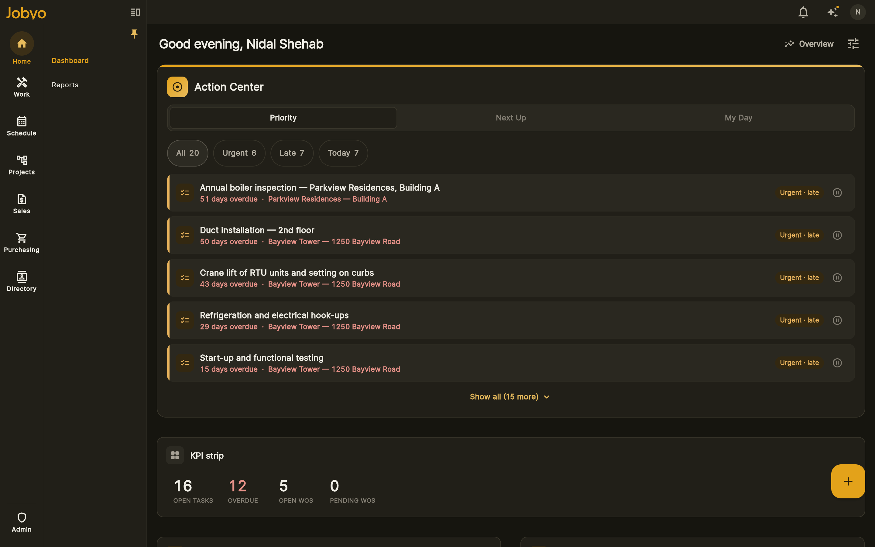 Jobyo dashboard — action center with prioritized tasks and open work order KPIs