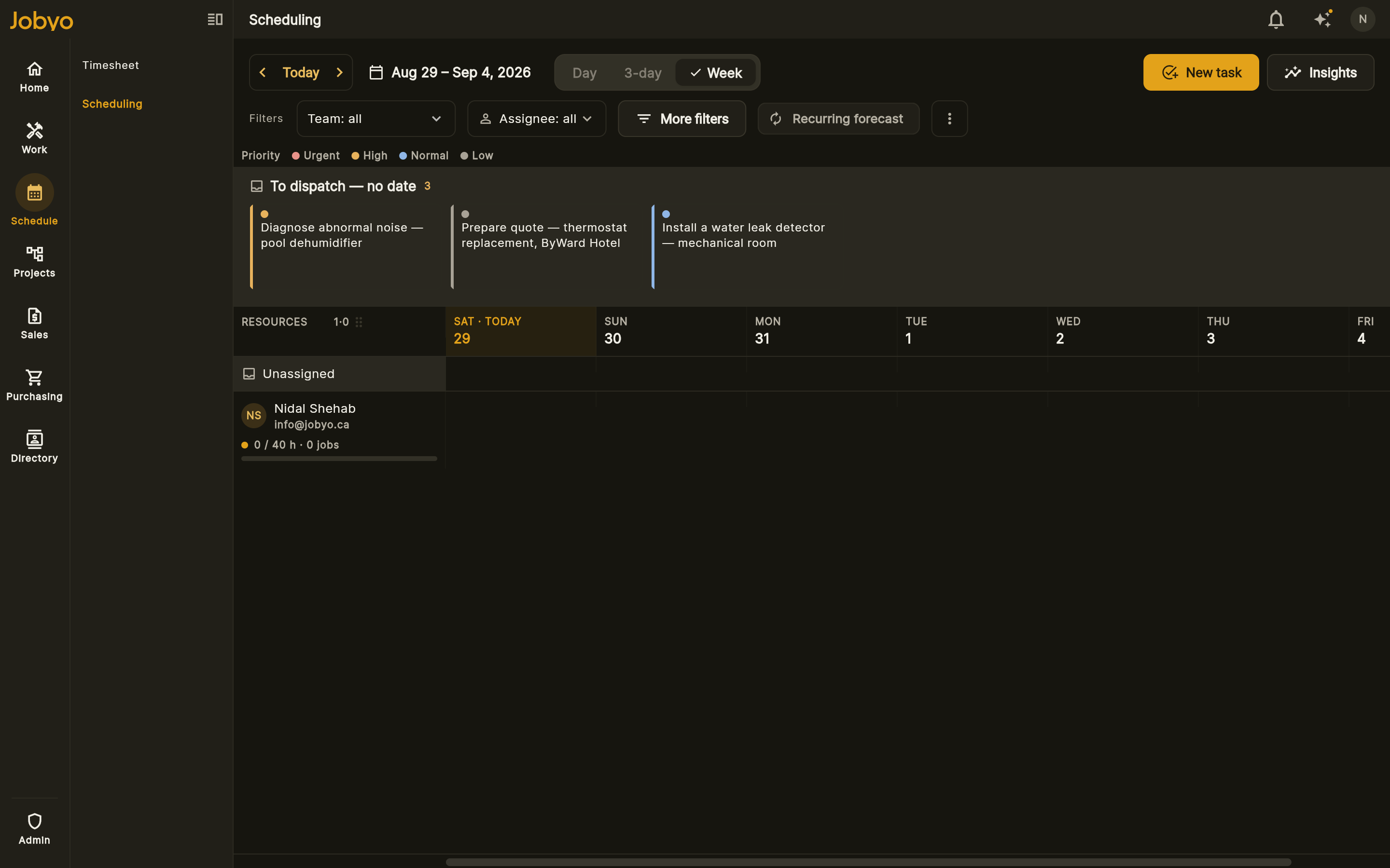 Jobyo scheduling board — a week of dispatch by technician