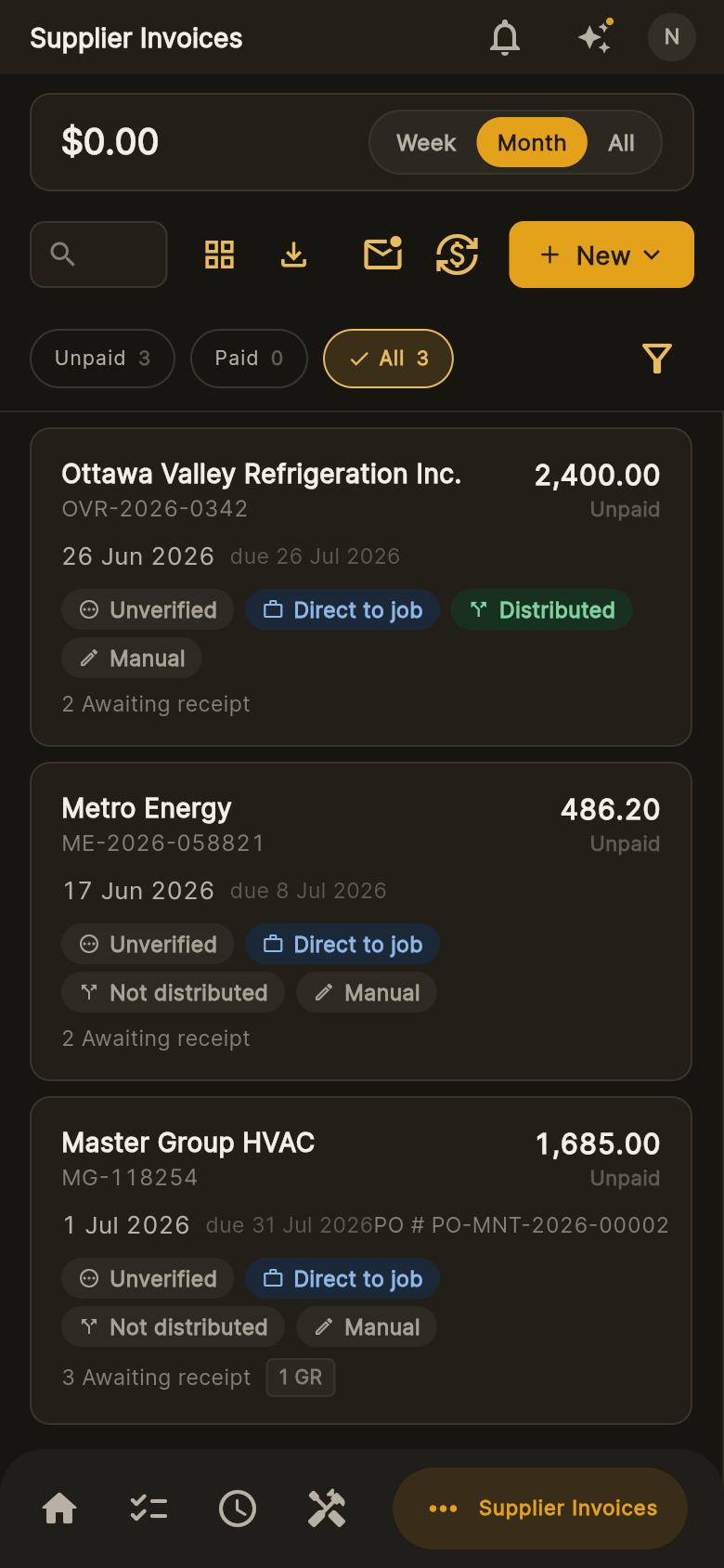 Jobyo supplier invoices on mobile — captured invoices with verification status, job allocation and PO match