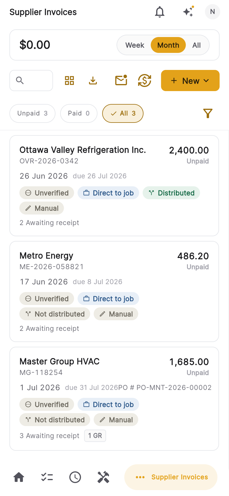 Jobyo supplier invoices on mobile — captured invoices with verification status, job allocation and PO match